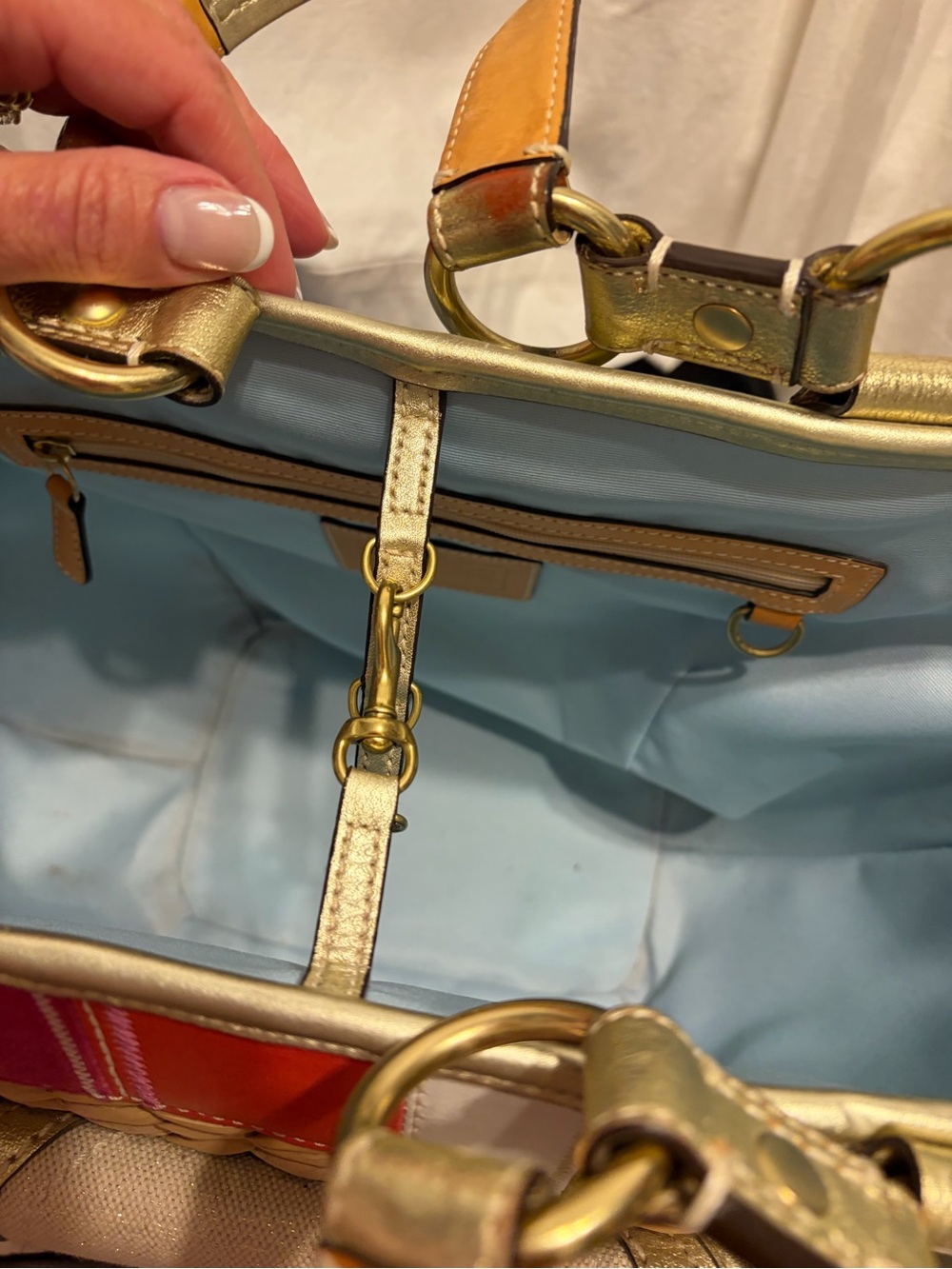 Coach Straw Tote with Multicolor Stripe and Gold Trim - Picture 13 of 13